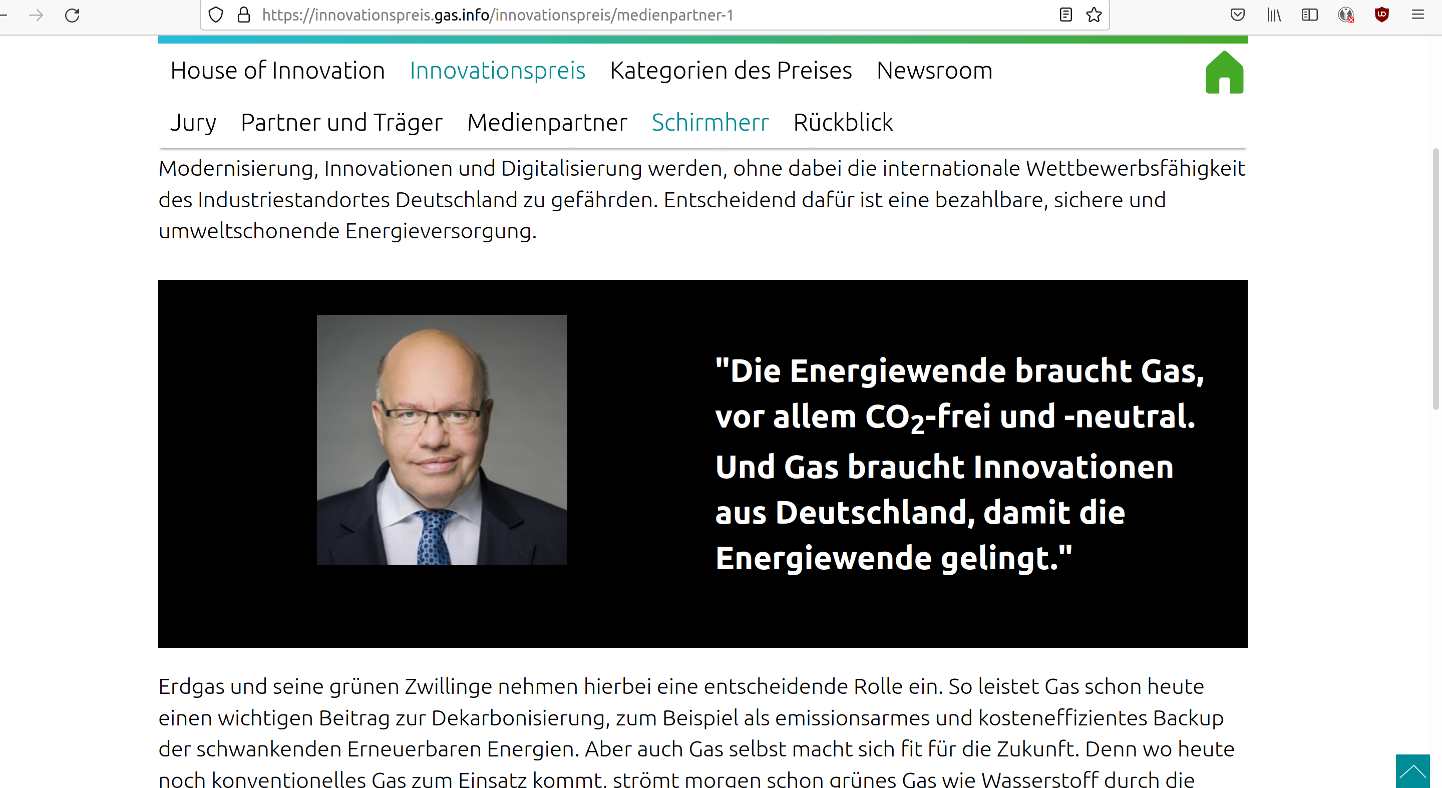 Screenshot der Webseite: innovationspreis.gas.info mit einem Foto von Peter Altmaier und dem Zitat "Die Energiewende braucht Gas, vor allem CO2-frei und -neutral. Und gas braucht Innovationen aus Deutschland, damit die Energiewende gelingt."