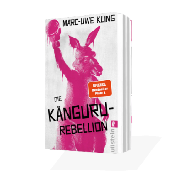 Buchcover Marc-Uwe Kling Die Känguru-Rebellion. Ein Kängugru im Graffiti Stil hebt die Hand in die Höhe, es trägt einen Boxhandschuh.