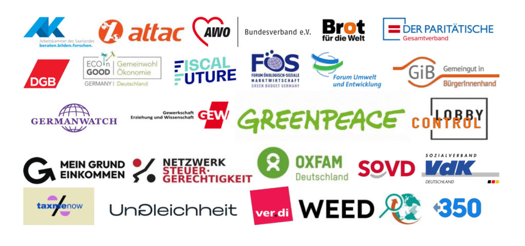 Logos der 25 Organisationen, die das Pressestatemen "Superreiche gerecht besteuern - für Gerechtigkeit, Demokratie, Klimaschutz und eine zukunftsfähige Wirtschaft in Deutschland und weltweit" unterzeichnet haben