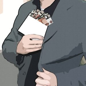 Ein Mann steckt einen Umschlag mit Geld in sein Jackett